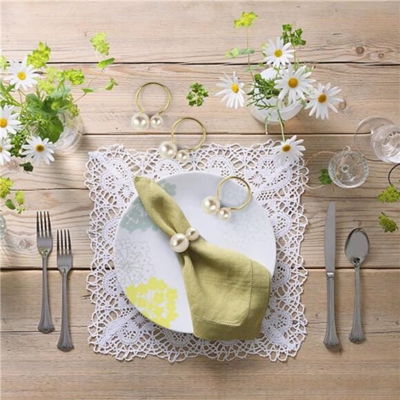 KESOTE Set of 12 Pearl Napkin Rings, Gold Napkin Ring Holders for Formal - Picture 4 of 7